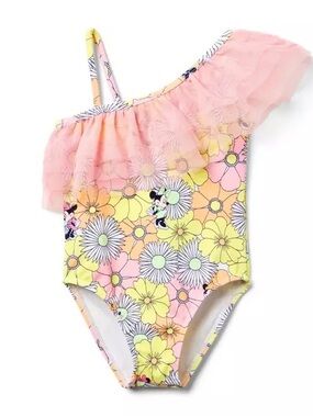Disney x Janie + Jack Minnie Mouse Floral One Arm Pink Ruffle Sleeve Swimsuit 2T